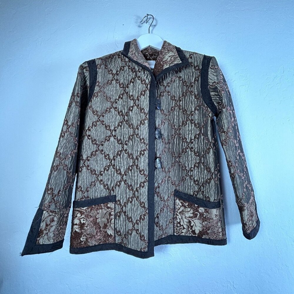 Xiao Womens Jacket Small Metalic Brown Brocade Long Sleeve Granma Retro